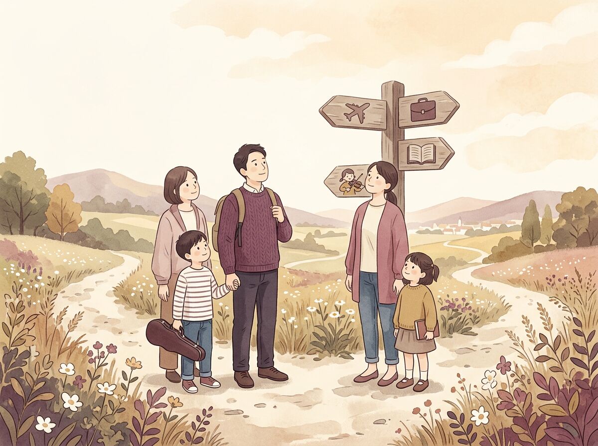 家族で分かれ道に立ち、旅行・仕事・学び・習い事の道しるべを眺めるイメージ