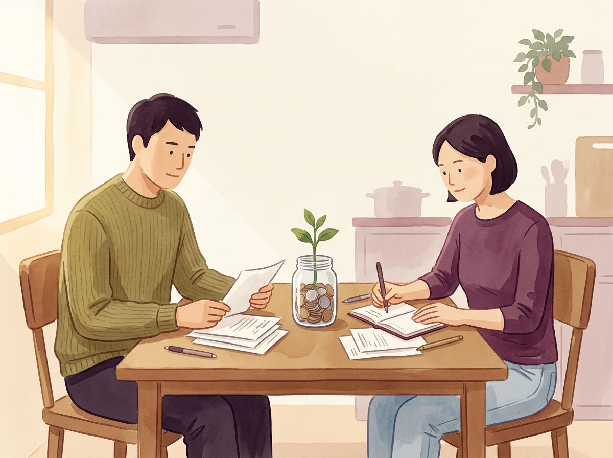夫婦で家計の書類を整理するイメージ