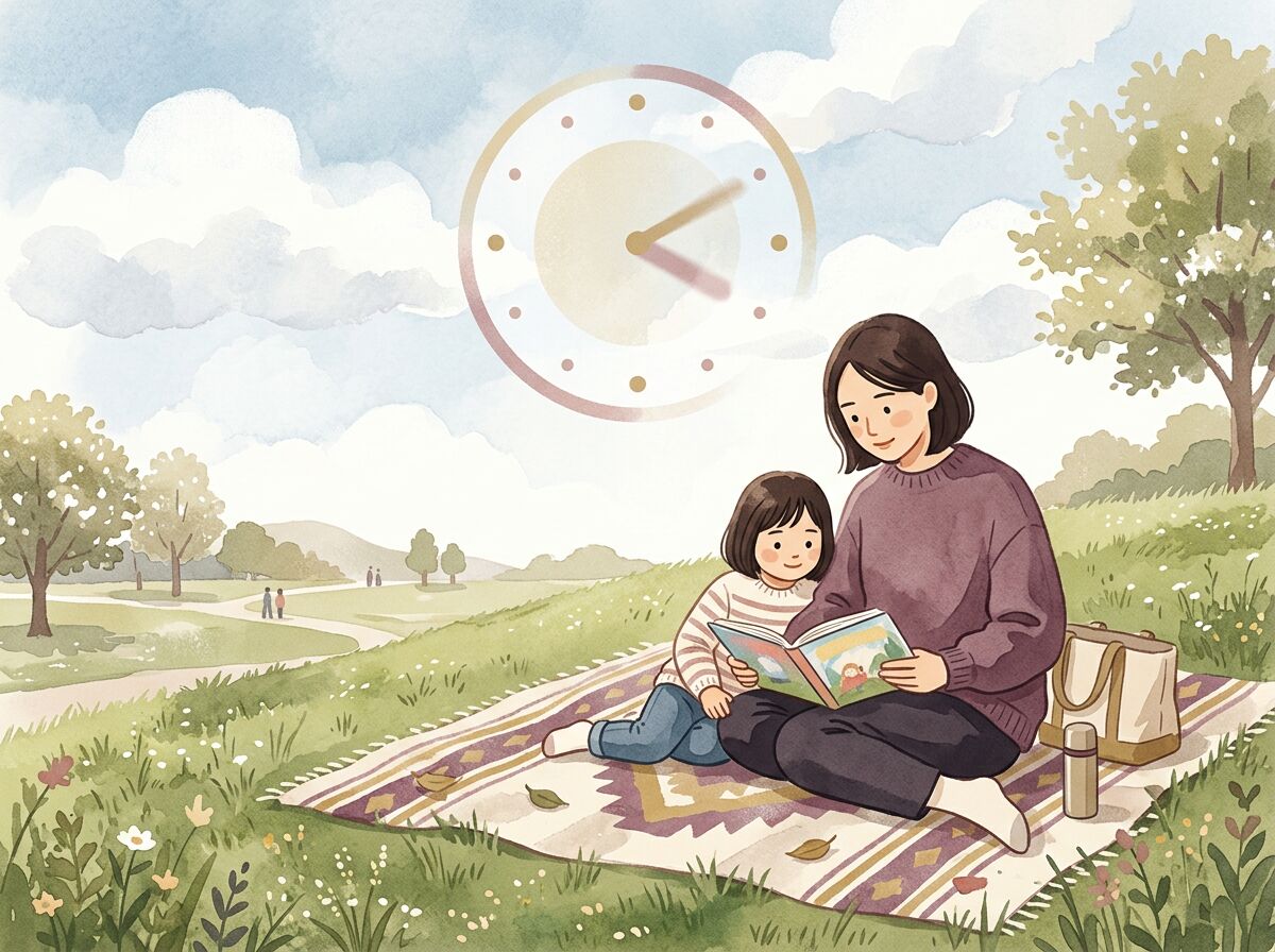 公園で親子が絵本を読みながらゆったり過ごすイメージ